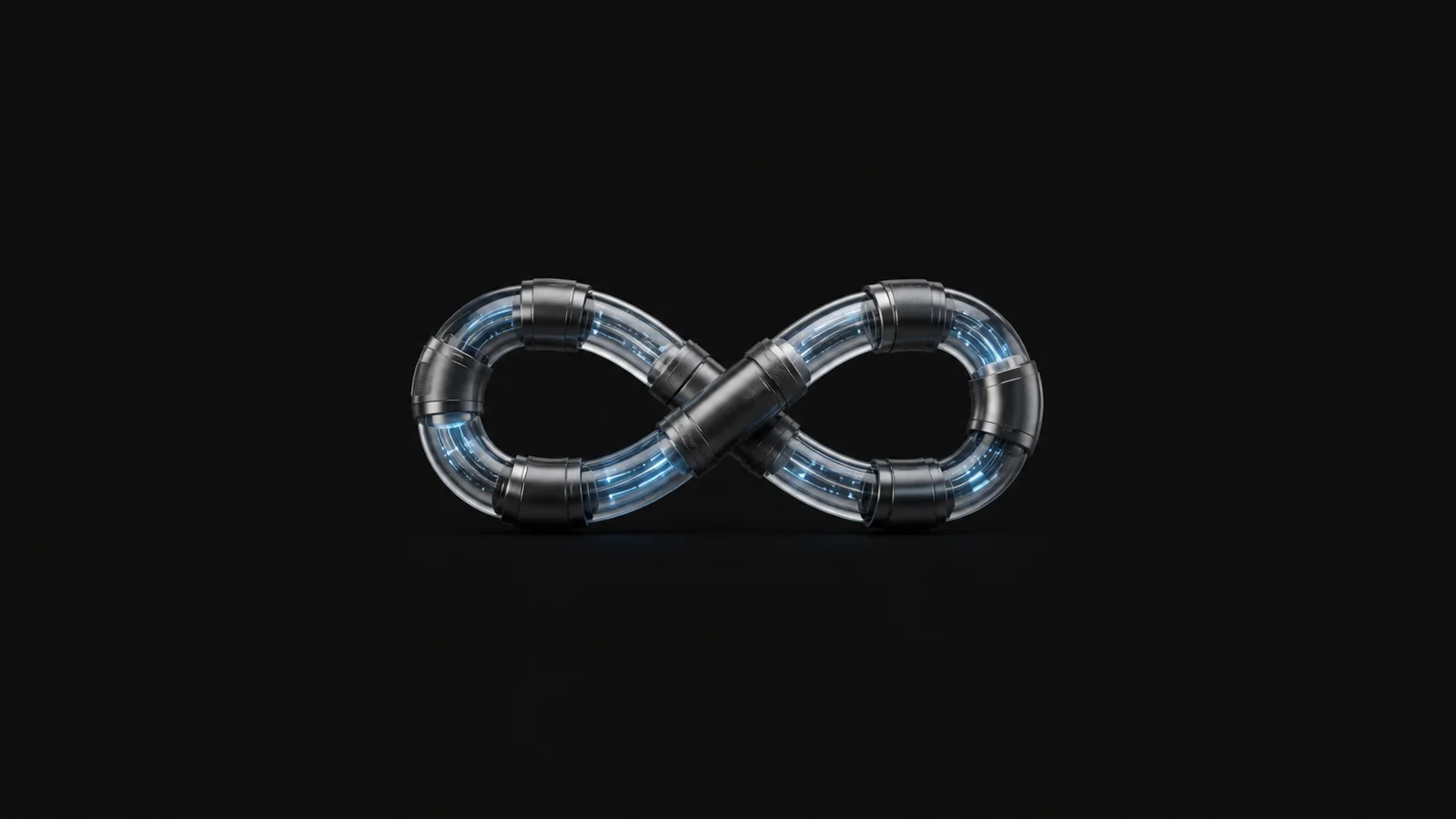 Abstract a looping infinity ribbon of glowing pipeline segments motif centred on a seamless deep charcoal near-black studio background, generous empty margin for overlaid branding