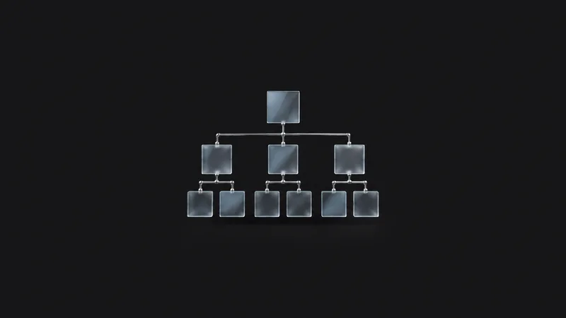 Abstract a branching org-chart lattice of connected translucent tiles motif centred on a seamless deep charcoal near-black studio background, generous empty margin for overlaid branding