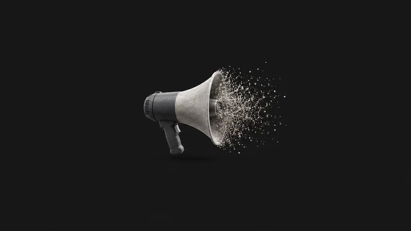 Abstract a megaphone silhouette scattering into a cloud of dots motif centred on a seamless deep charcoal near-black studio background, generous empty margin for overlaid branding