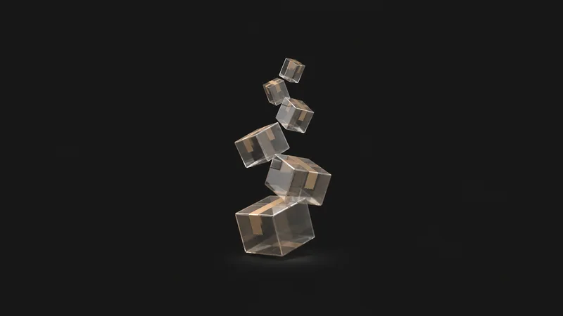 Abstract cascading translucent parcel boxes tumbling in a helix motif centred on a seamless deep charcoal near-black studio background, generous empty margin for overlaid branding