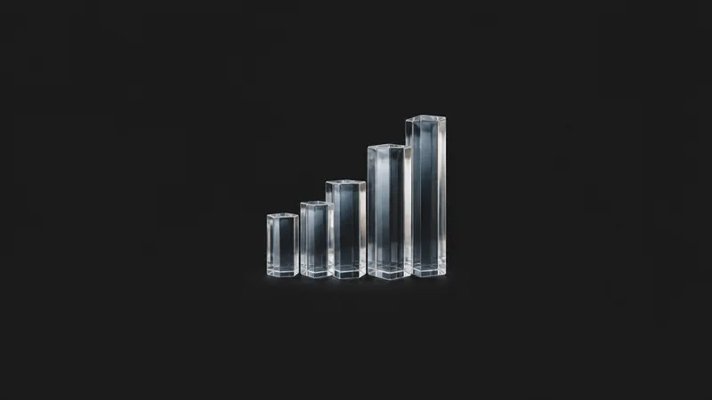 Abstract stacked bar-like glass columns of varying heights in soft light motif centred on a seamless deep charcoal near-black studio background, generous empty margin for overlaid branding