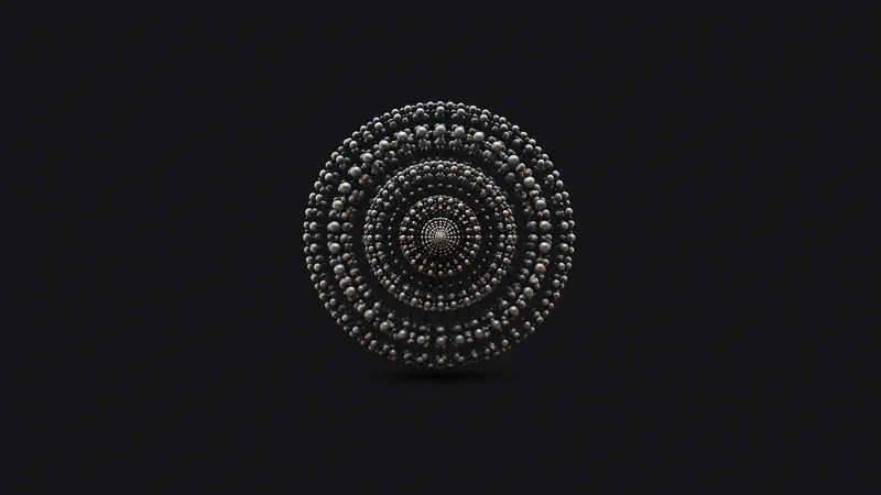 Abstract concentric layered planes of dots converging to a single point motif centred on a seamless deep charcoal near-black studio background, generous empty margin for overlaid branding