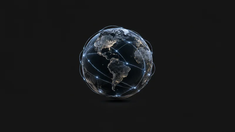 Abstract a global sphere wrapped in luminous connection arcs motif centred on a seamless deep charcoal near-black studio background, generous empty margin for overlaid branding
