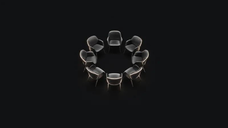 Abstract a ring of glowing silhouetted seats arranged around a hollow centre motif centred on a seamless deep charcoal near-black studio background, generous empty margin for overlaid branding