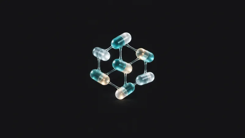 Abstract a lattice of glowing capsule shapes drifting across a dark plane motif centred on a seamless deep charcoal near-black studio background, generous empty margin for overlaid branding
