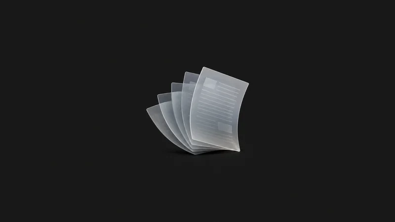 Abstract a cascade of translucent document panes fanned into an arc motif centred on a seamless deep charcoal near-black studio background, generous empty margin for overlaid branding