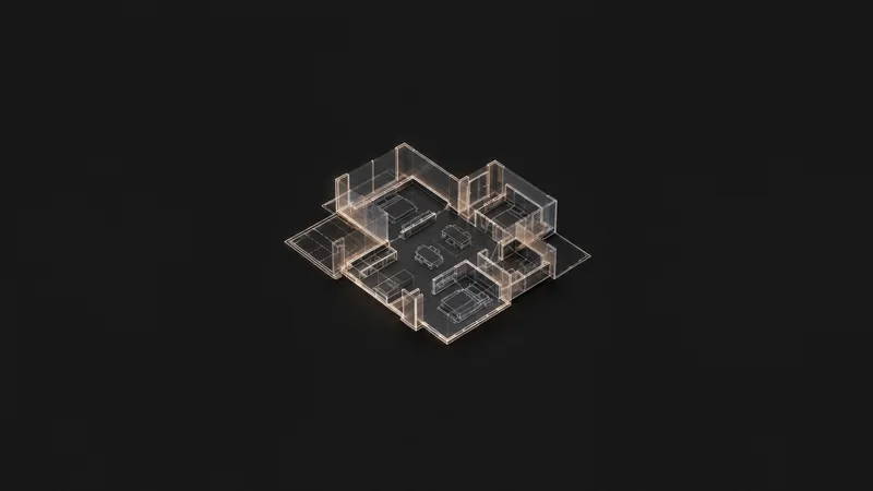 Abstract a wireframe floor plan of glowing lines lifting into three dimensions motif centred on a seamless deep charcoal near-black studio background, generous empty margin for overlaid branding
