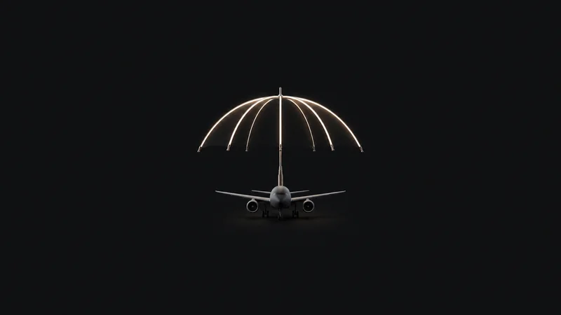Abstract an umbrella canopy of glowing ribs opening over a dark plane motif centred on a seamless deep charcoal near-black studio background, generous empty margin for overlaid branding