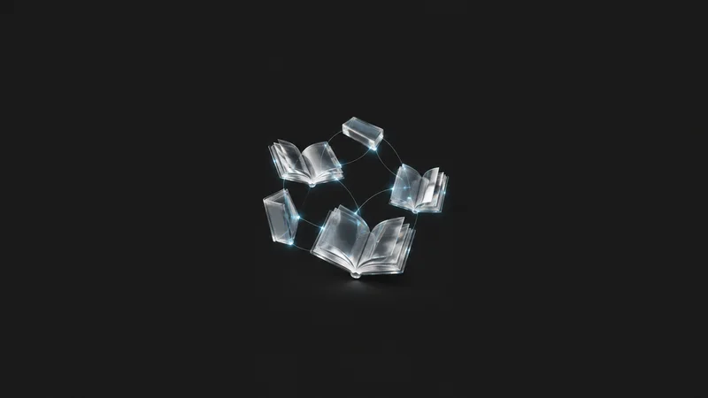 Abstract a constellation of translucent book shapes linked by threads of light motif centred on a seamless deep charcoal near-black studio background, generous empty margin for overlaid branding