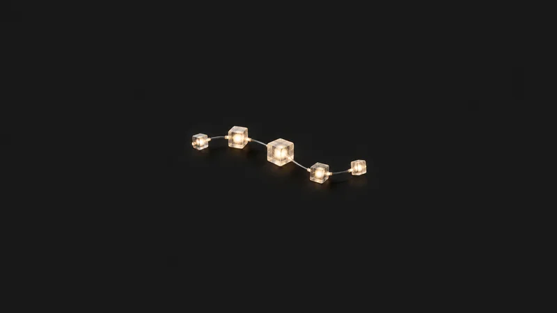 Abstract a chain of luminous cubes passing along a curving line motif centred on a seamless deep charcoal near-black studio background, generous empty margin for overlaid branding