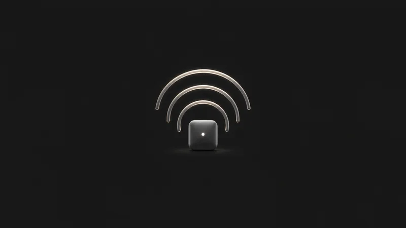 Abstract concentric signal arcs radiating from a small luminous device outline motif centred on a seamless deep charcoal near-black studio background, generous empty margin for overlaid branding