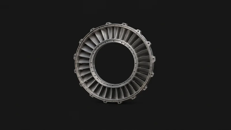 Isolated a bare aero-engine compressor stator ring centred on a seamless deep charcoal near-black studio background, generous empty margin on every side for overlaid branding