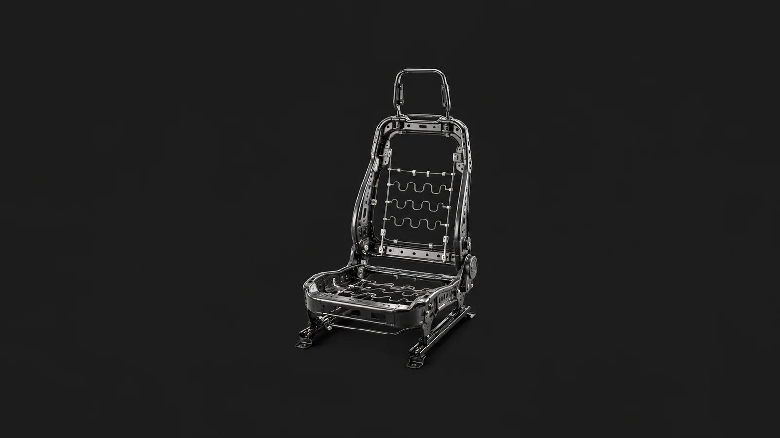 Isolated a car seat frame with springs and no upholstery centred on a seamless deep charcoal near-black studio background, generous empty margin on every side for overlaid branding