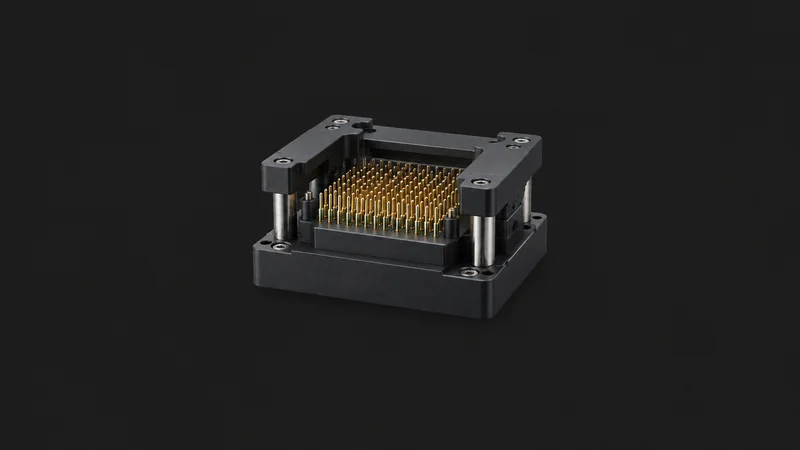 Isolated a bed-of-nails pogo-pin test fixture block centred on a seamless deep charcoal near-black studio background, generous empty margin on every side for overlaid branding