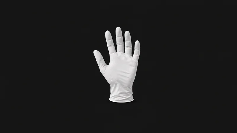 Isolated a fab cleanroom glove of white nitrile centred on a seamless deep charcoal near-black studio background, generous empty margin on every side for overlaid branding