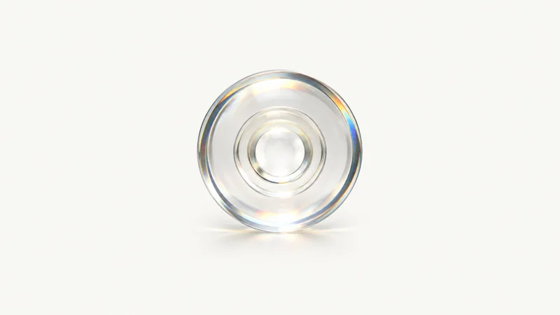 Abstract concentric lens-refraction rings of light motif centred on a seamless pale off-white studio background, generous empty margin for overlaid branding