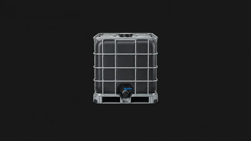 Isolated a sealed intermediate bulk container in a steel cage centred on a seamless deep charcoal near-black studio background, generous empty margin on every side for overlaid branding
