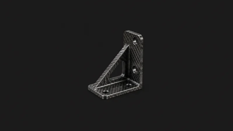Isolated a cured carbon-fibre bracket with drilled holes centred on a seamless deep charcoal near-black studio background, generous empty margin on every side for overlaid branding