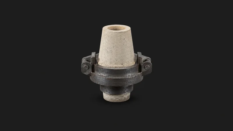 Isolated a steel ladle nozzle in refractory ceramic centred on a seamless deep charcoal near-black studio background, generous empty margin on every side for overlaid branding