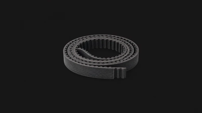 Isolated a coil of packaging-machine timing belt centred on a seamless deep charcoal near-black studio background, generous empty margin on every side for overlaid branding