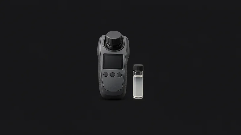Isolated a handheld water-turbidity meter with a cuvette centred on a seamless deep charcoal near-black studio background, generous empty margin on every side for overlaid branding
