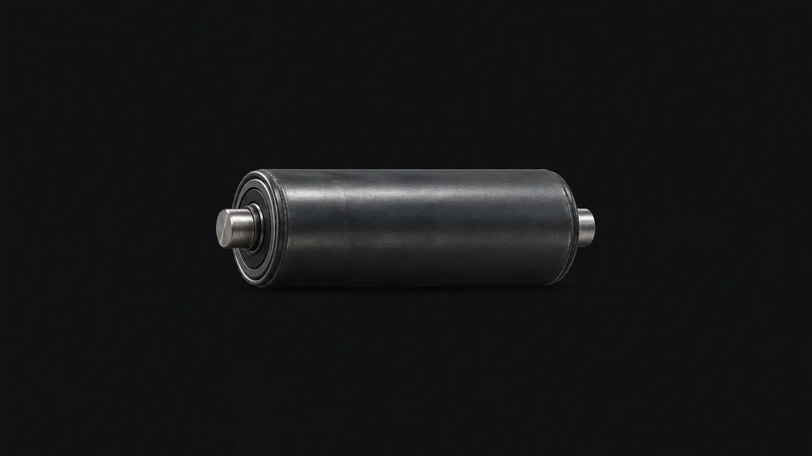 Isolated a mining conveyor idler roller with sealed bearings centred on a seamless deep charcoal near-black studio background, generous empty margin on every side for overlaid branding