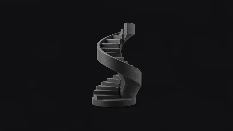 Abstract a staircase of stepped extruded layer lines rising in a spiral motif centred on a seamless deep charcoal near-black studio background, generous empty margin for overlaid branding