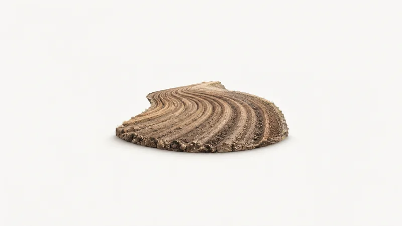 Abstract a fan of contour-ploughed furrow lines curving across a field plane motif centred on a seamless pale off-white studio background, generous empty margin for overlaid branding