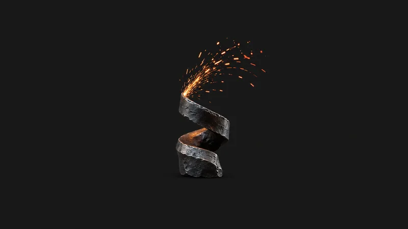 Abstract a spray of orange forge sparks frozen in an arc above dark iron motif centred on a seamless deep charcoal near-black studio background, generous empty margin for overlaid branding