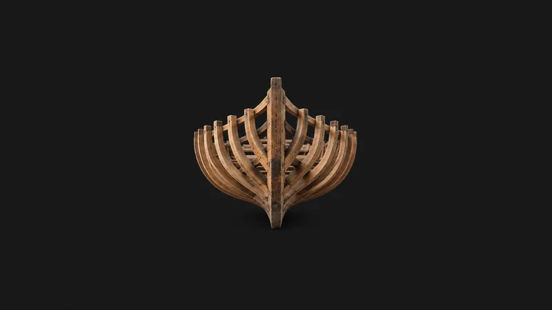 Abstract a fan of curved wooden hull ribs radiating from a central keel line motif centred on a seamless deep charcoal near-black studio background, generous empty margin for overlaid branding