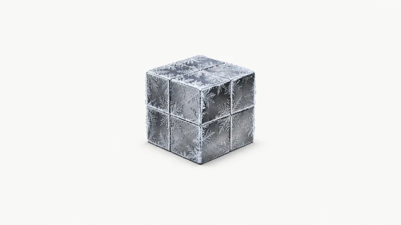 Abstract a geometric grid of frost crystals spreading across cold steel motif centred on a seamless pale off-white studio background, generous empty margin for overlaid branding