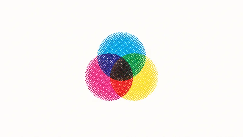 Abstract overlapping cyan magenta and yellow halftone dot screens forming a rosette motif centred on a seamless pale off-white studio background, generous empty margin for overlaid branding
