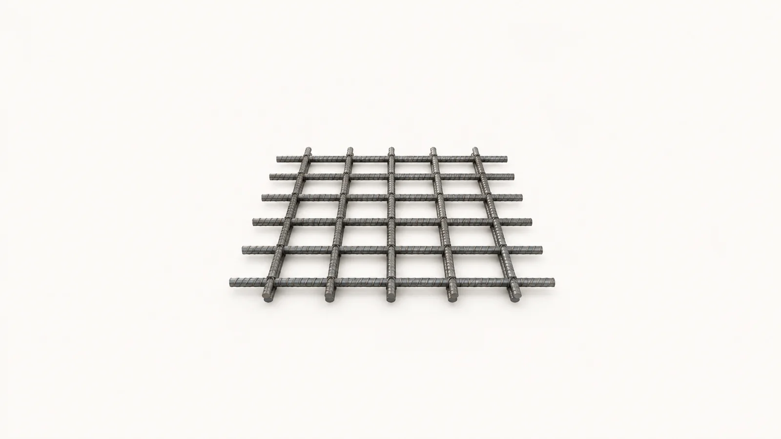Abstract a criss-cross rebar mesh grid receding into shadow motif centred on a seamless pale off-white studio background, generous empty margin for overlaid branding