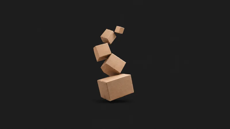 Abstract a cascade of cardboard parcel silhouettes tumbling along a curved route motif centred on a seamless deep charcoal near-black studio background, generous empty margin for overlaid branding