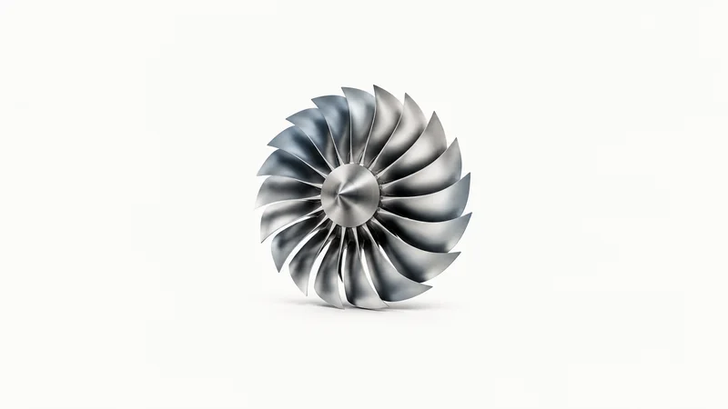 Abstract a radial fan of turbine blades sweeping across a pale sky motif centred on a seamless pale off-white studio background, generous empty margin for overlaid branding