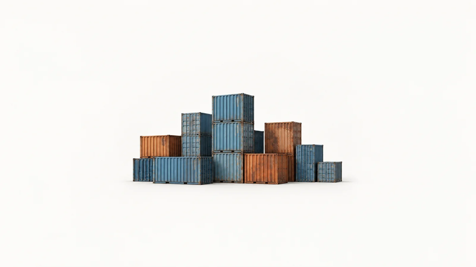 Abstract a tiered skyline of corrugated container blocks receding in blue and rust motif centred on a seamless pale off-white studio background, generous empty margin for overlaid branding