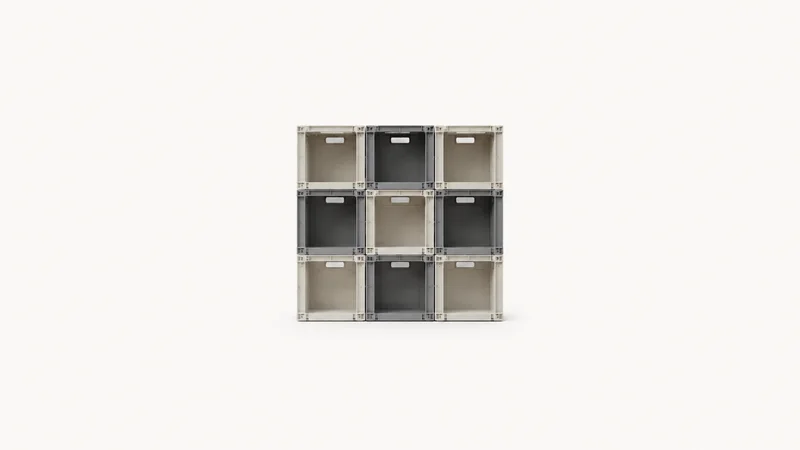 Abstract a wall of nested storage-bin cubes receding into a grid motif centred on a seamless pale off-white studio background, generous empty margin for overlaid branding