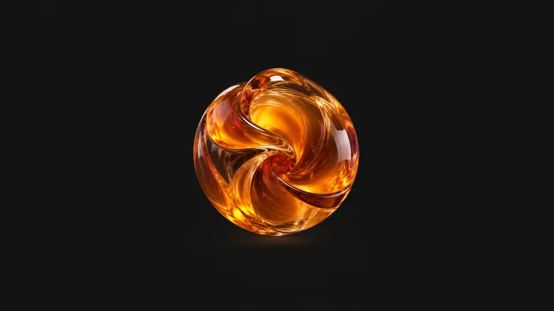 Abstract a swirl of orange molten glass folding into a sphere motif centred on a seamless deep charcoal near-black studio background, generous empty margin for overlaid branding