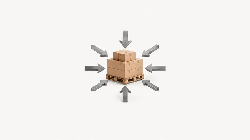 Abstract a network of arrows converging on a stacked-pallet silhouette motif centred on a seamless pale off-white studio background, generous empty margin for overlaid branding