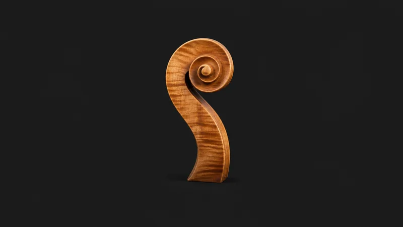 Abstract a spiralling scroll silhouette of a violin head in warm timber motif centred on a seamless deep charcoal near-black studio background, generous empty margin for overlaid branding