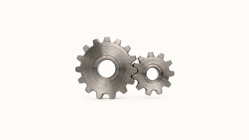 Abstract a meshing pair of gear silhouettes in brushed steel motif centred on a seamless pale off-white studio background, generous empty margin for overlaid branding