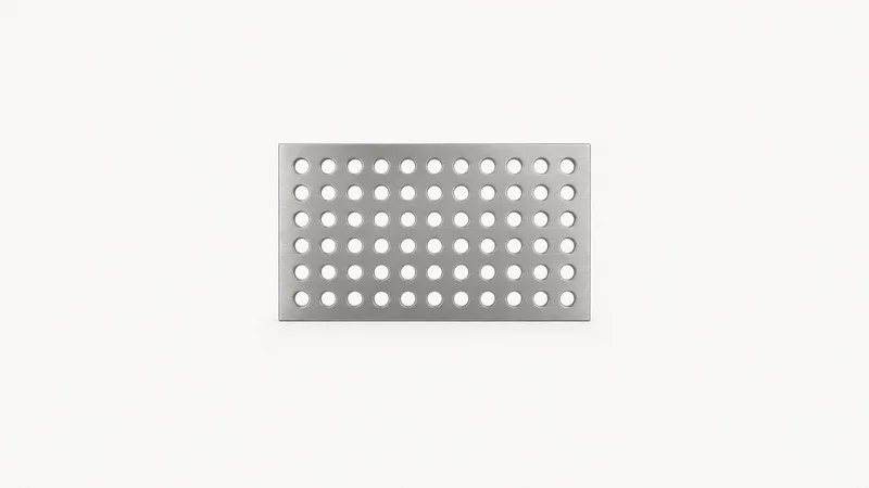 Abstract a grid of punched circular perforations in brushed steel motif centred on a seamless pale off-white studio background, generous empty margin for overlaid branding