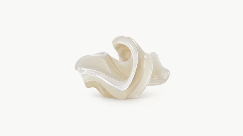 Abstract ripples of molten thermoplastic frozen mid-flow motif centred on a seamless pale off-white studio background, generous empty margin for overlaid branding