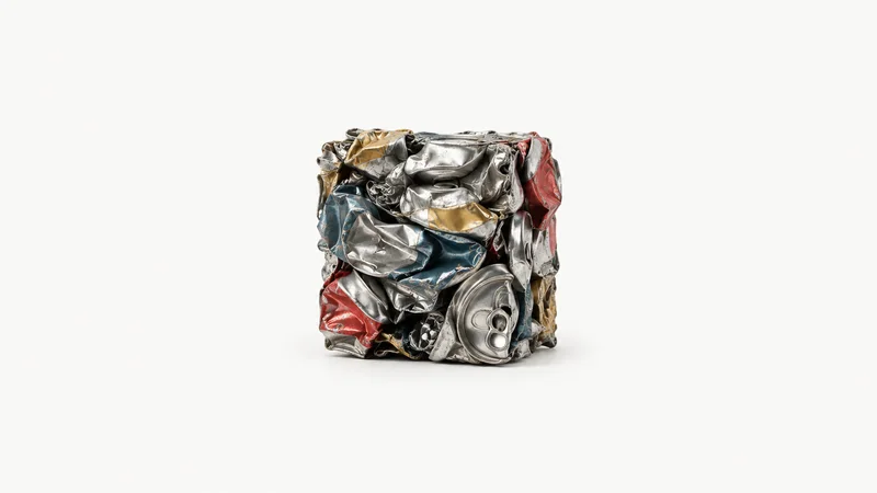 Abstract a compressed mosaic of crushed can facets motif centred on a seamless pale off-white studio background, generous empty margin for overlaid branding