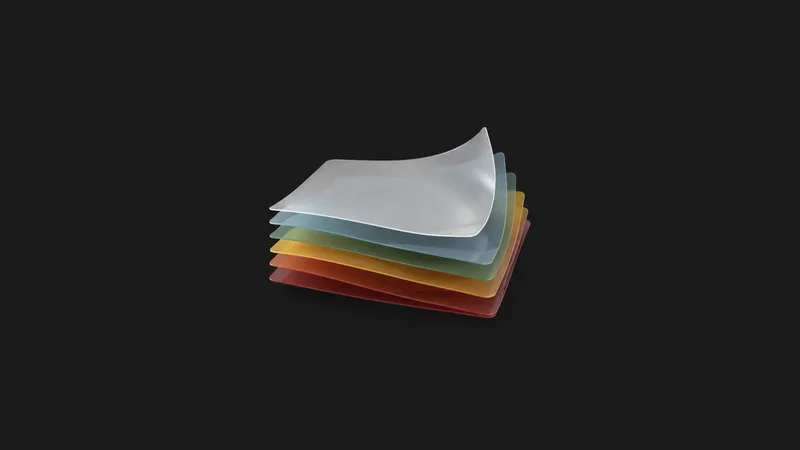 Abstract a stack of layered vinyl sheets in translucent colours motif centred on a seamless deep charcoal near-black studio background, generous empty margin for overlaid branding