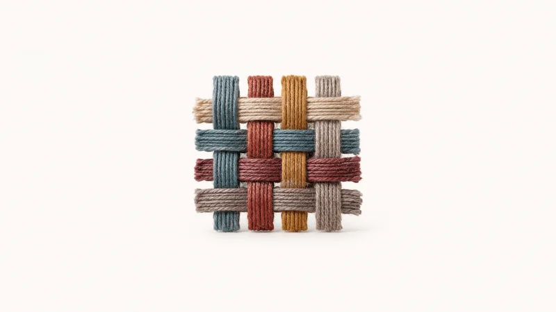 Abstract an overlapping weave of coloured warp and weft threads motif centred on a seamless pale off-white studio background, generous empty margin for overlaid branding