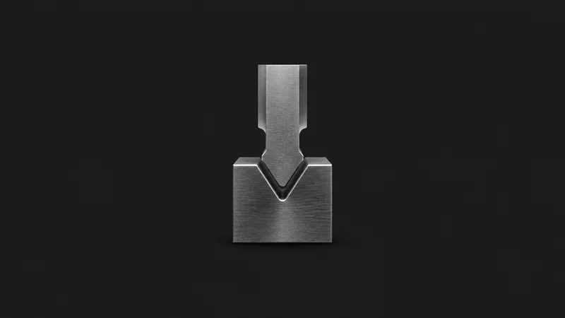 Abstract an interlocking punch and die profile seen edge-on motif centred on a seamless deep charcoal near-black studio background, generous empty margin for overlaid branding