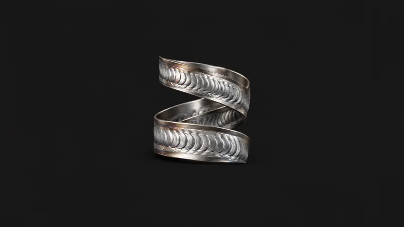 Abstract a stacked-dime weld bead ribbon in stainless steel motif centred on a seamless deep charcoal near-black studio background, generous empty margin for overlaid branding