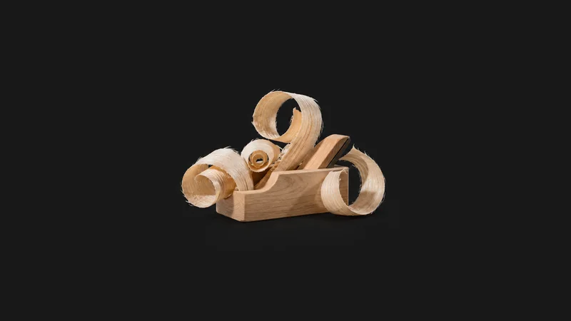 Abstract a nest of pale wood shavings curling from a plane motif centred on a seamless deep charcoal near-black studio background, generous empty margin for overlaid branding