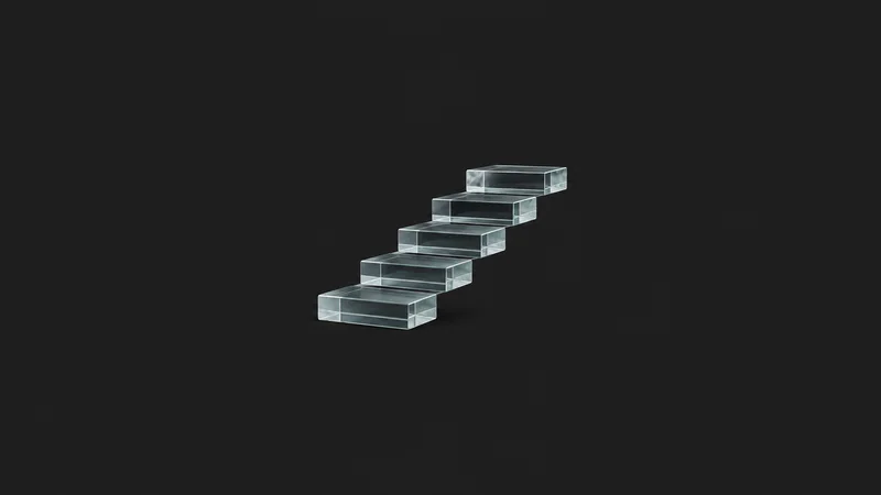 Abstract an ascending staircase of translucent ledger-like glass slabs motif centred on a seamless deep charcoal near-black studio background, generous empty margin for overlaid branding